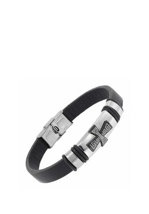 Black leather bracelet with a central silver metal plate featuring a black patterned cross and a silver clasp.