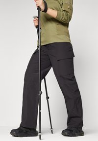 Black cargo pants with multiple pockets, paired with a green long-sleeve top and black hiking shoes, accompanied by a trekking pole.