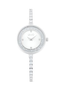 Reloj plateado con esfera redonda, acentos de cristal claro alrededor del bisel y la correa, y un dial minimalista blanco con manecillas plateadas y el logotipo.