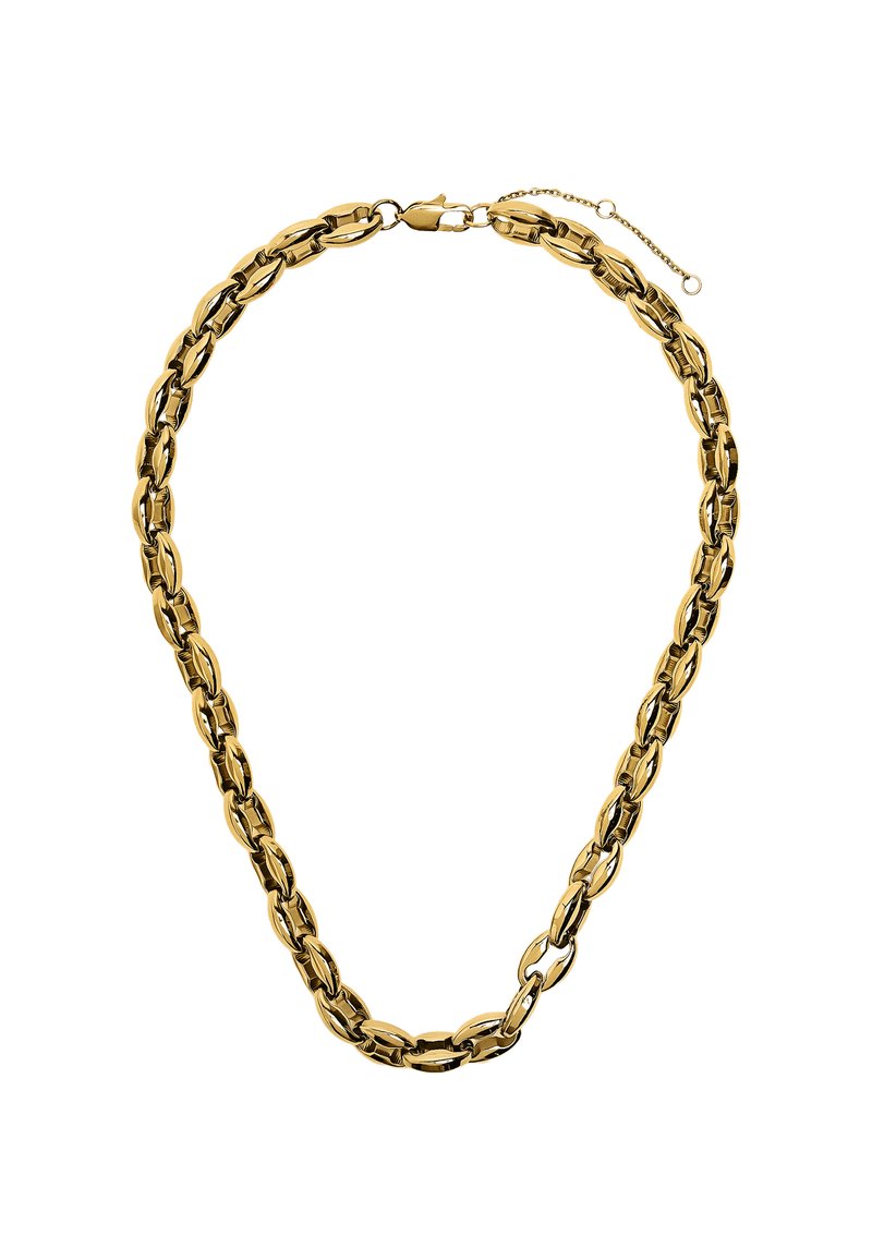 Złota łańcuszek na szyję z naprzemiennymi owalnymi i okrągłymi ogniwami, z klamrą typu homar oraz regulowanym przedłużeniem łańcuszka.