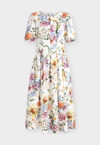 Jurk met bloemenprint, korte mouwen, een getailleerd lijfje en een uitlopende rok. Met levendige bloemen in oranje, roze en blauw op een witte achtergrond.