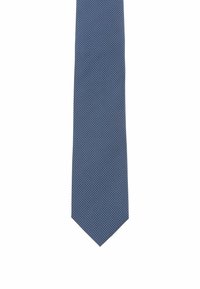 Navy tie with small white polka dots, made of smooth fabric, featuring a pointed tip and a narrow design.