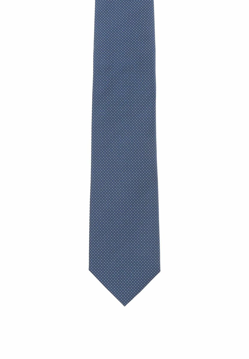 Navy tie with small white polka dots, made of smooth fabric, featuring a pointed tip and a narrow design.