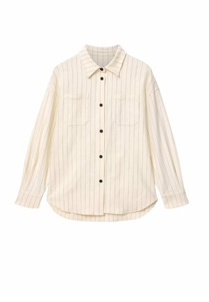Cremefarvet langærmet skjorte med knapper, tynde lodrette sorte striber, to brystlommer og sorte knapper foran.