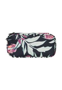 Astuccio a matita nero con fiori rosa e foglie verdi. Realizzato in tessuto, presenta una chiusura con cerniera e una forma strutturata.