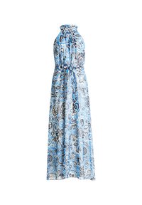 Maxi-jurk van lichtgewicht stof met blauw, grijs en witte bloemenpatronen. Heeft een hoge hals en een tailleband voor een verstelbare pasvorm.