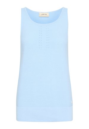 Ljusblå ärmlös stickad topp med rund halsringning, ribbad textur, vertikalt mönster av små öglor och ribbad nederkant.