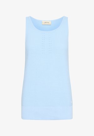 Ljusblå ärmlös stickad topp med rund halsringning, ribbad textur, vertikalt mönster av små öglor och ribbad nederkant.