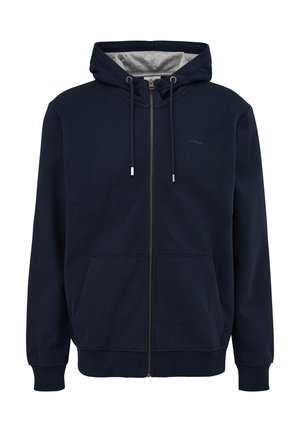 Sweat à capuche zippé bleu marine avec une capuche doublée grise, des cordons de serrage et deux poches avant. Tissu doux avec des poignets et un ourlet côtelés. Logo subtil sur la poitrine.