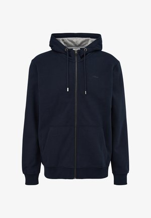 Laivastonsininen vetoketjuhuppari, jossa on harmaa vuorattu huppu, kiristyksillä ja kaksi etutaskua. Pehmeä kangas, jossa on ribbaus hihansuissa ja helmassa. Huomaamaton logo rinnassa.