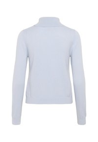 Light blue knit sweater with a funnel neck, long sleeves, and ribbed cuffs and hem. Smooth texture with a fitted design.