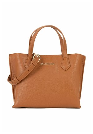 Tan leather Valentino handbag with two top handles, an adjustable shoulder strap with buckle, and gold-tone logo on front.