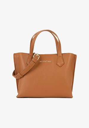 Tan leather Valentino handbag with two top handles, an adjustable shoulder strap with buckle, and gold-tone logo on front.