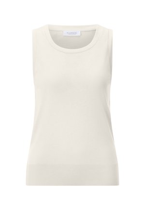 Cream-colored sleeveless knitted top with round neckline and ribbed hem, labeled RichRoyal inside collar.