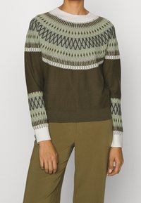Strickpullover in dunklem Olivgrün mit einem hellgrün gemusterten Yoke und weißen Akzenten an Bündchen und Kragen; mit geometrischen Designs.