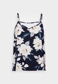 Camisole floreale in blu navy con grandi fiori bianchi e rosa. Tessuto liscio, spalline regolabili e design a V.