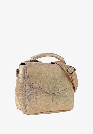 Bolso pequeño metálico dorado con asa superior, cierre de solapa y correa de hombro ajustable, mostrado sobre fondo blanco.