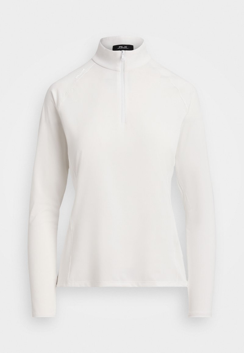 Biały longsleeve pulower z kołnierzem na ćwierć zamku, wykonany z gładkiego, elastycznego materiału. Posiada rękawy raglanowe oraz subtelne detale logo.