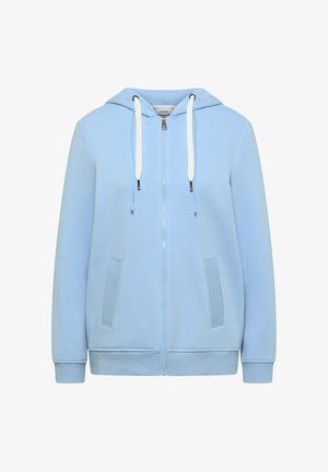 Sweat à capuche zippé bleu clair avec cordons blancs, poches avant, poignets et ourlet côtelés, présenté sur un fond blanc.