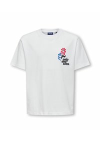 Hvid kortærmet T-shirt med en farverig abstrakt blomst og sort tekst "only and sons" på venstre bryst.