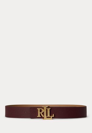 Ceinture en cuir marron avec boucle en métal doré présentant les lettres entrelacées R et L sur un fond clair uni.