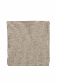 Sciarpa in maglia beige, con texture a coste e forma rettangolare. Materiale morbido con un motivo uniforme.