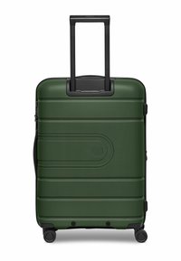 Valigia rigida di colore verde oliva opaco, con superficie strutturata, manico telescopico nero e quattro ruote nere per una maggiore mobilità.