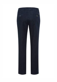Pantaloni in denim blu scuro con taglio dritto, tasche posteriori con dettagli a bottone e una texture liscia. Adatti per un look casual.