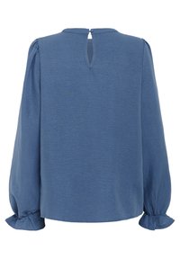 Hellblaue, strukturierte Bluse mit langen Puffärmeln, gerafften Manschetten und einer Schlitzöffnung im Rücken. Einfache und elegante Gestaltung.