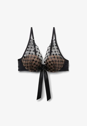 Schwarzer transparenter BH mit gepunktetem Netzüberzug, Bügel-Cups, verstellbaren Trägern und einer Satinschleife in der vorderen Mitte.