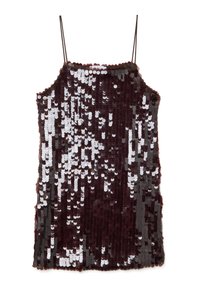 Vestido sin mangas hecho de tela burdeos cubierto de lentejuelas superpuestas, con una textura brillante y tirantes delgados ajustables.