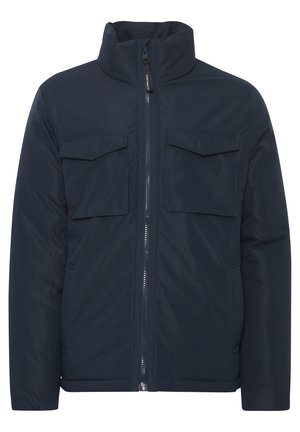 Navy blue padded jacket with a high collar, front zipper, and two chest pockets. Features a smooth texture and tailored fit.