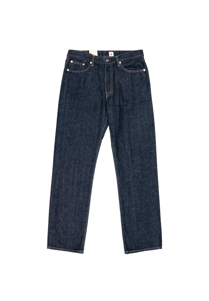 Donkerblauwe denim jeans met een rechte pasvorm, vijf zakken en contrasterende stiksels. Voorzien van een knoopsluiting en riemlussen.