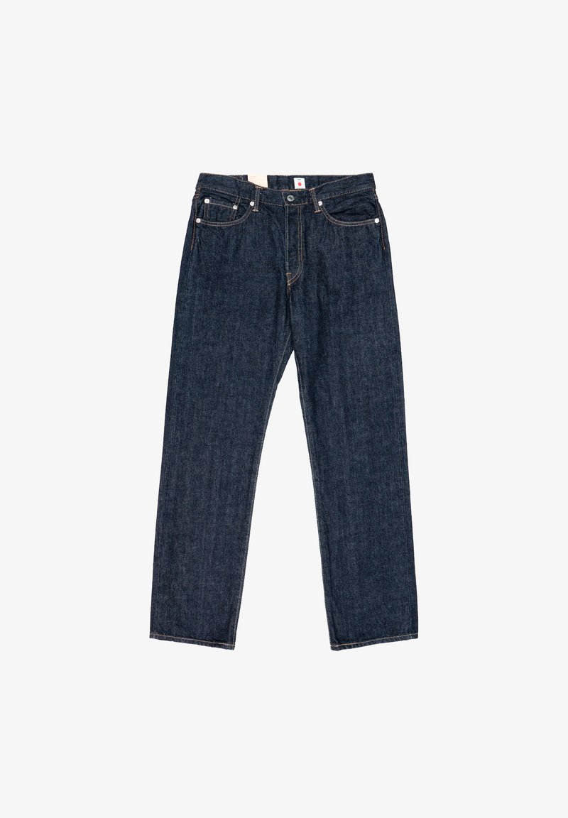 Donkerblauwe denim jeans met een rechte pasvorm, vijf zakken en contrasterende stiksels. Voorzien van een knoopsluiting en riemlussen.
