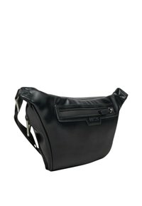 Bolso cruzado de imitación de cuero negro y liso con un bolsillo frontal con cremallera y correa ajustable. Presenta una forma redondeada y un diseño minimalista.
