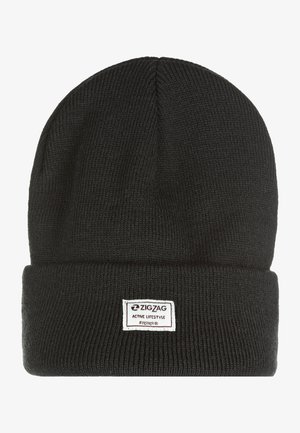 Gorro de punto negro con puño doblado que presenta una etiqueta rectangular blanca con la inscripción "ZIGZAG ACTIVE LIFESTYLE #zigzagkids".