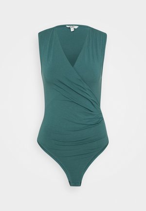 Ärmelloser türkisfarbener Body mit V-Ausschnitt und seitlichen Raffungen, ausgestattet mit einem Wickelstil vorne und Druckverschluss im Schritt.