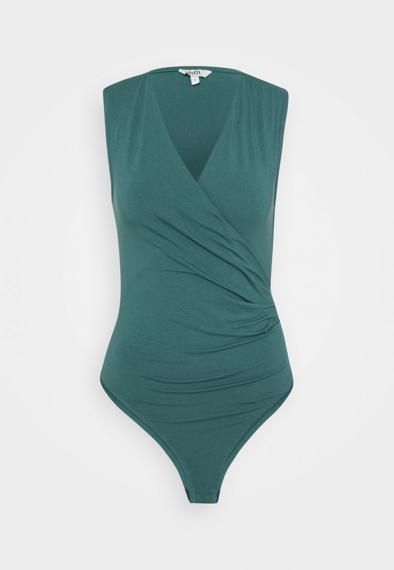 Body sans manches couleur sarcelle avec décolleté en V et fronces sur les côtés, présentant un devant croisé et une fermeture à pression à l'entrejambe.