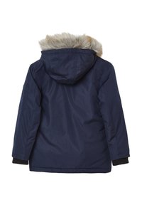 Parka blu navy con bordo in pelliccia sintetica staccabile cappuccio, polsini a coste e una finitura liscia e strutturata.