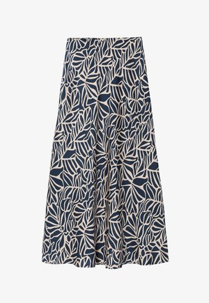 En knælængde nederdel lavet af et marineblåt stof med et beige bladmønster, fremstillet af letvægtsmateriale med en glat tekstur.