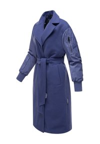 Long, belted coat in dark blue fabric with a smooth texture, featuring padded, contrasting blue sleeves with zippers and ribbed cuffs.