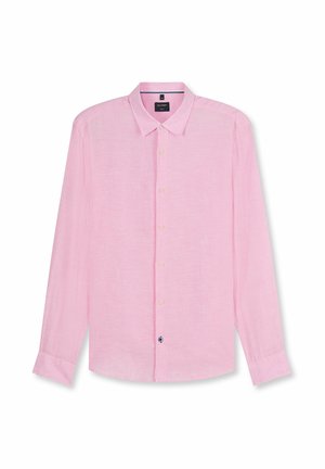 Men's long-sleeve button-up shirt in light pink with a classic collar and seven beige buttons down the front.
