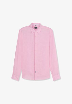 Men's long-sleeve button-up shirt in light pink with a classic collar and seven beige buttons down the front.