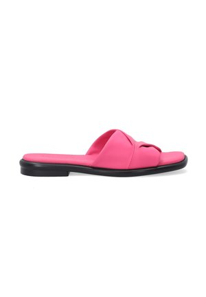 Fuchsia flache Slide-Sandale mit einem verdrehten Oberdesign, weichem Material und schwarzer Sohle. Verfügt über einen minimalistischen Stil und eine offene Zehenpartie.
