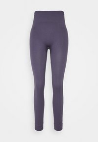 Leggings viola a coste con un ampio e alto punto vita e un design aderente, caratterizzati da una texture liscia e orli svasati.