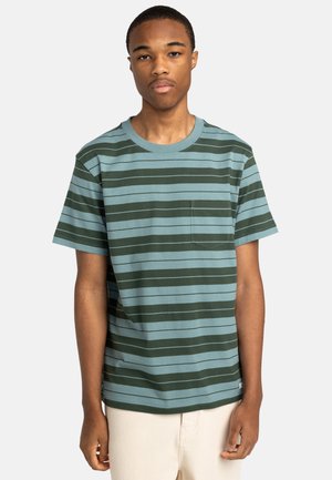 Green and blue striped cotton t-shirt with a round neckline, short sleeves, and a chest pocket. Features horizontal stripes.