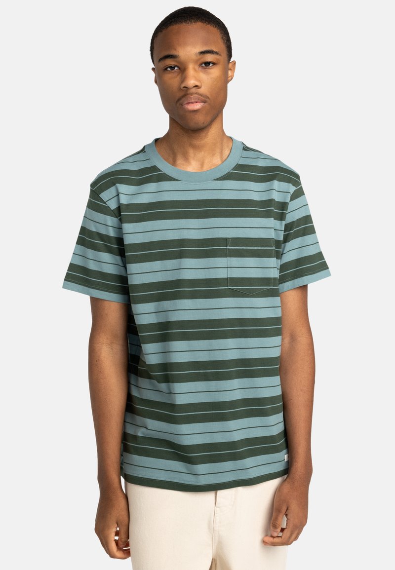 Green and blue striped cotton t-shirt with a round neckline, short sleeves, and a chest pocket. Features horizontal stripes.
