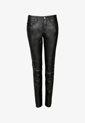Sorte læderbukser med en slim fit, klassisk fem-lommer design og en sølvknaplukning. Glat tekstur med minimale detaljer.