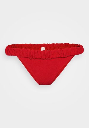 Rote Bikiniunterteile mit rüschigem elastischem Bund, strukturiertem Stoff und V-förmigem Schnitt, in einfarbig ohne Muster oder zusätzliche Details.