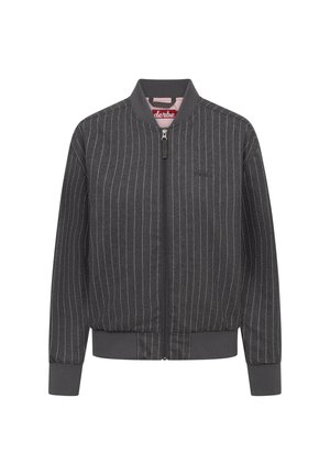 Dunkelgraue Bomberjacke mit dünnen weißen vertikalen Nadelstreifen, Frontreißverschluss, geripptem Kragen, Bündchen und Saum.